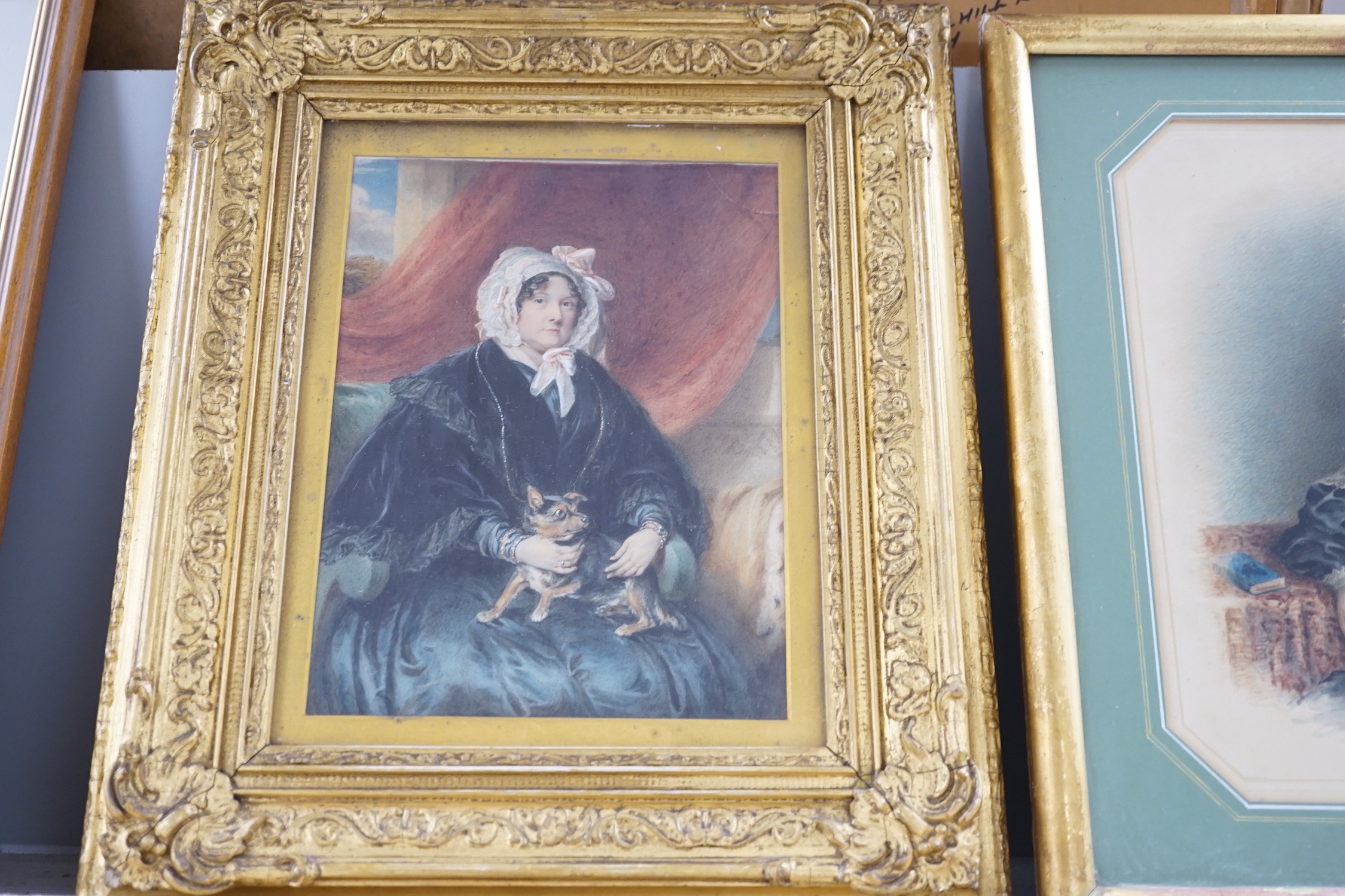 Sir William John Newton (1785-1869), watercolour, Portrait of a lady with a lap dog, 22 x 17cm, and another similar portrait of Mrs Baily, wife of Dr Bailey of Harwich, 27 x 21cm